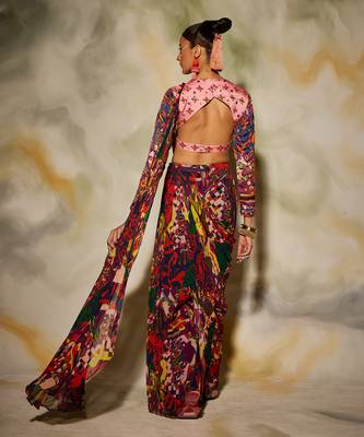 Pink Saree Set With Drop Potli Bag 4
