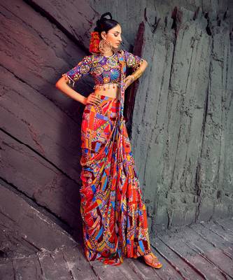Blue & Green Geometric Printed Gharara Saree 1