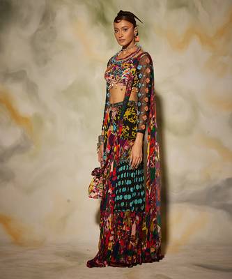 Puprle Butta Print Block Gharara Saree Set With Potali Bag 1