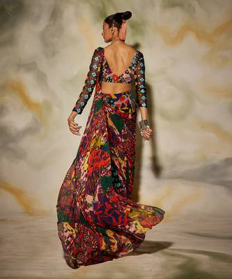 Puprle Butta Print Block Gharara Saree Set With Potali Bag 4