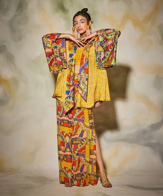 Yellow Butta Print With Neon Geometric Print Highlighted Kimono Set 1