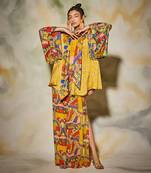 Yellow Butta Print With Neon Geometric Print Highlighted Kimono Set
