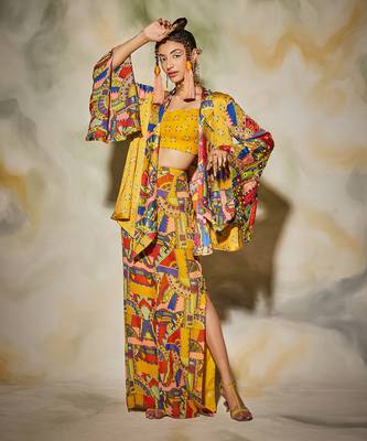 Yellow Butta Print With Neon Geometric Print Highlighted Kimono Set 2