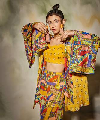 Yellow Butta Print With Neon Geometric Print Highlighted Kimono Set 3