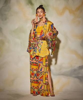 Yellow Butta Print With Neon Geometric Print Highlighted Kimono Set 4