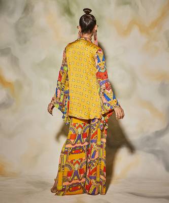 Yellow Butta Print With Neon Geometric Print Highlighted Kimono Set 5