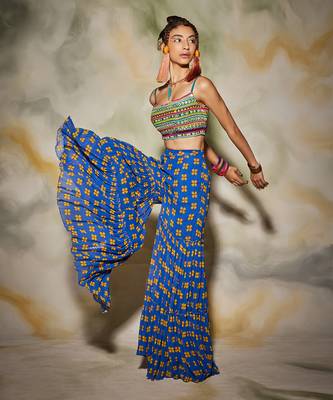 Blue Embroidered Bustier Crop Top With Butta Print Gharara Pant With Dupatta 1