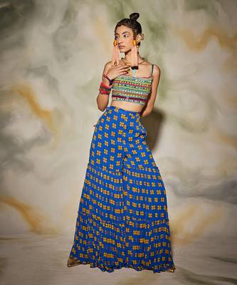 Blue Embroidered Bustier Crop Top With Butta Print Gharara Pant With Dupatta 2