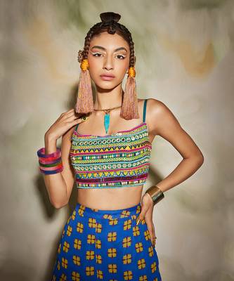 Blue Embroidered Bustier Crop Top With Butta Print Gharara Pant With Dupatta 3