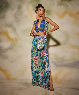 White & Blue Aztec Print Jumpsuit With Drop Potli Bag 2