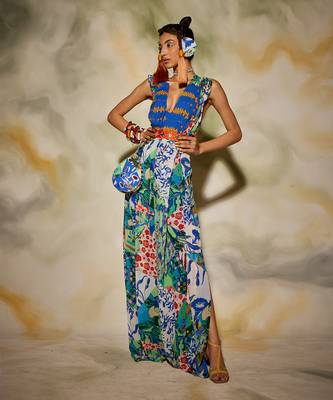 White & Blue Aztec Print Jumpsuit With Drop Potli Bag 3