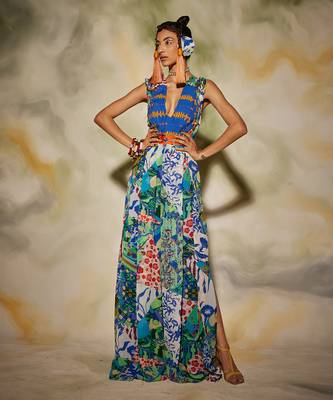 White & Blue Aztec Print Jumpsuit With Drop Potli Bag 1