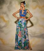 White & Blue Aztec Print Jumpsuit With Drop Potli Bag