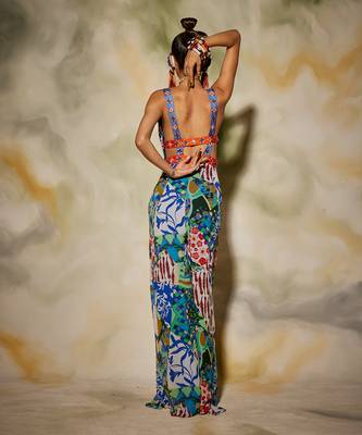 White & Blue Aztec Print Jumpsuit With Drop Potli Bag 4