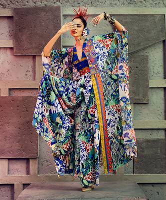White & Blue Aztec Printed Cape Jumpsuit 1
