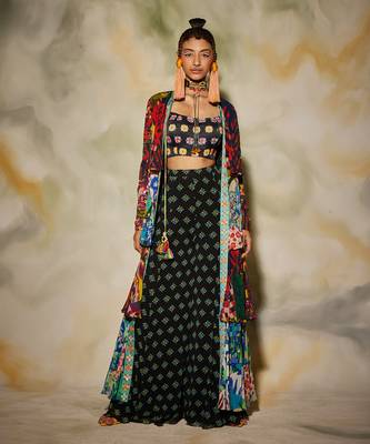 Multicolor Aztec & Butta Printed Layer Cape With Sharara Pant Set 1