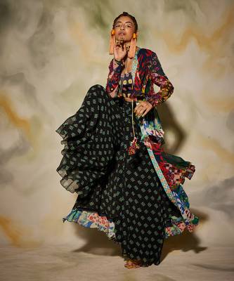 Multicolor Aztec & Butta Printed Layer Cape With Sharara Pant Set 3