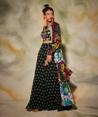 Multicolor Aztec & Butta Printed Layer Cape With Sharara Pant Set 4