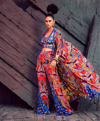 Blue Butta & Geometric Printed Cape Set With Belt 2