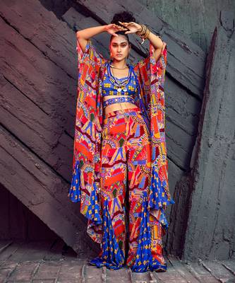 Blue Butta & Geometric Printed Cape Set With Belt 1