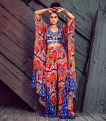 Blue Butta & Geometric Printed Cape Set With Belt