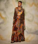 Brown & Rust Aztec Printed Busteir And Sharara Pants & Potali Bag