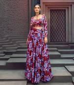 Purple Geometric Printed Gathered Skirt With Blouse And Tie Up Belt