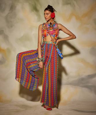 Multicolor Stripe Printed Jumpsuit With Sling Bag 1