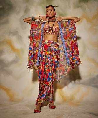 Pink & Blue Geometric Print Front Open Cape Detailed With Tassels And Dhoti Skirt 1