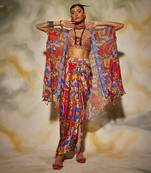 Pink & Blue Geometric Print Front Open Cape Detailed With Tassels And Dhoti Skirt