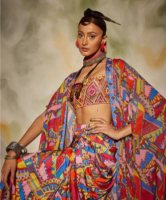 Pink & Blue Geometric Print Front Open Cape Detailed With Tassels And Dhoti Skirt 2