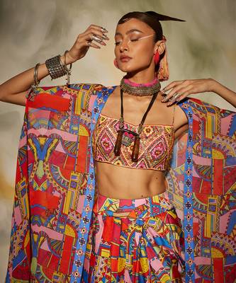 Pink & Blue Geometric Print Front Open Cape Detailed With Tassels And Dhoti Skirt 3