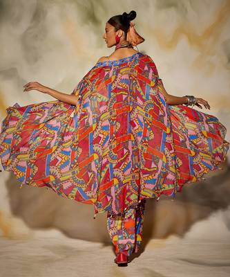 Pink & Blue Geometric Print Front Open Cape Detailed With Tassels And Dhoti Skirt 4