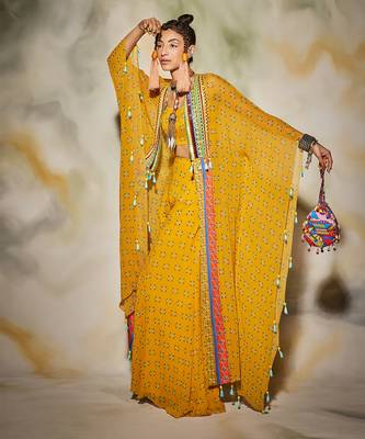 Yellow Butta Print With Trible Embroidered Yoke Kaftan Set 2