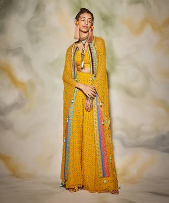 Yellow Butta Print With Trible Embroidered Yoke Kaftan Set 3