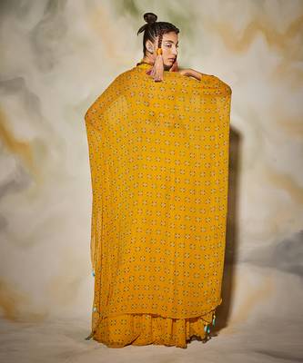 Yellow Butta Print With Trible Embroidered Yoke Kaftan Set 4