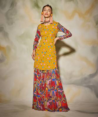 Pink Geometric Printed Kurti Gharara Set 1