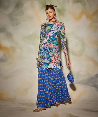 White & Blue Aztec Print Highlighted Kurti Gharara Set With Drop Potali Bag 1