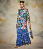 White & Blue Aztec Print Highlighted Kurti Gharara Set With Drop Potali Bag