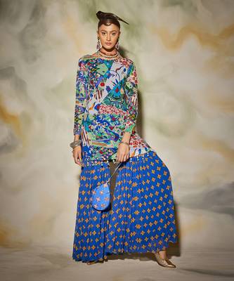 White & Blue Aztec Print Highlighted Kurti Gharara Set With Drop Potali Bag 2