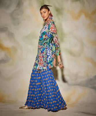 White & Blue Aztec Print Highlighted Kurti Gharara Set With Drop Potali Bag 3