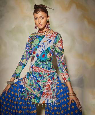 White & Blue Aztec Print Highlighted Kurti Gharara Set With Drop Potali Bag 4