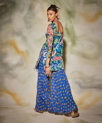 White & Blue Aztec Print Highlighted Kurti Gharara Set With Drop Potali Bag 5
