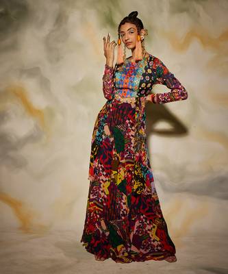 Purple & Green Aztec Print Sharara Pants & Asymmetrical Kurti 1