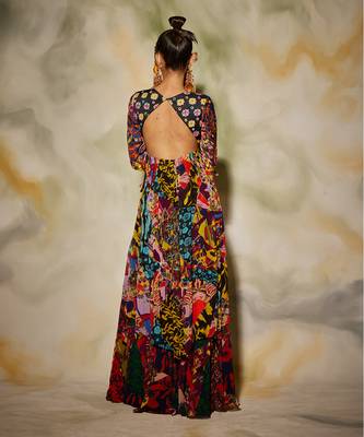 Purple & Green Aztec Print Sharara Pants & Asymmetrical Kurti 3