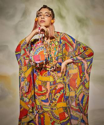 Multicolor Neon Geometric Print Kaftan Set 3