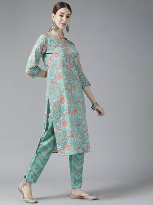 Turquoise printed cotton ethnic-kurtis 2