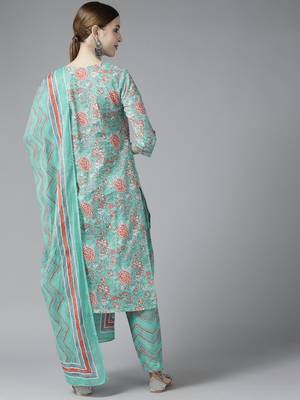 Turquoise printed cotton ethnic-kurtis 3