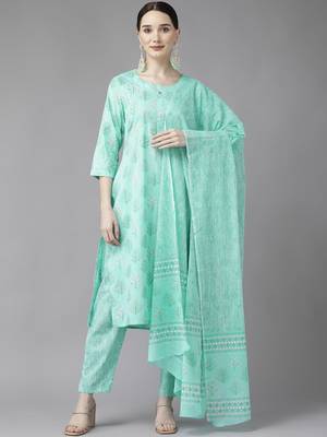 Turquoise printed cotton ethnic-kurtis 1