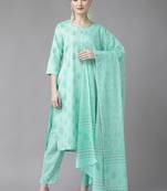 Turquoise printed cotton ethnic-kurtis
